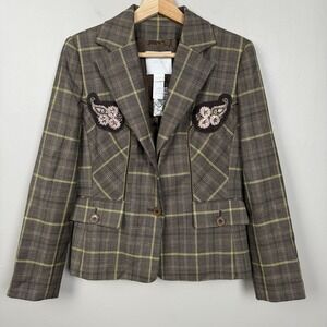 Votre Nom Wool Blend Blazer Embroidered Beaded Glen Plaid Jacket Preppy Acedemia
